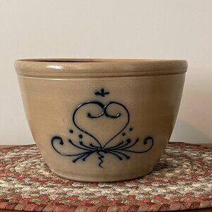 VTG Salt Glazed Pottery Bowl, 3D Cobalt Blue Heart Motif/Design, c1990s